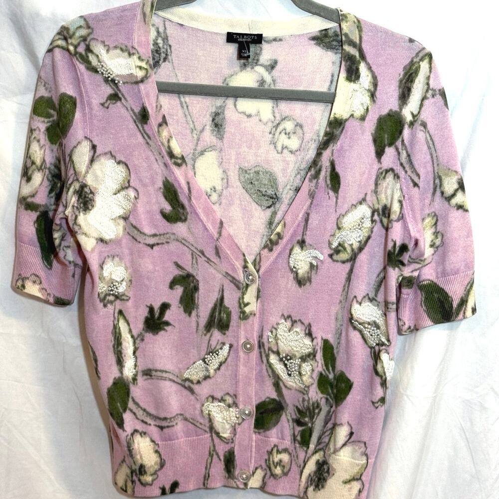 Talbots Lightweight Beaded Cardigan Sweater Purple Floral Spring Romantic Sz XS